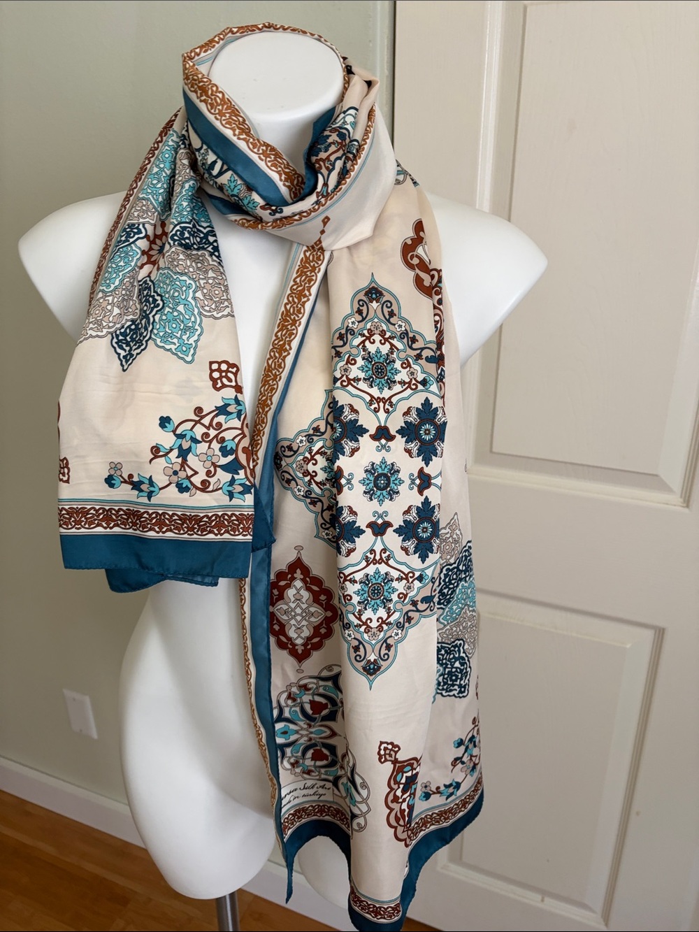 Women's Teal & Brown Patterned Silk Scarf - Picture 2 of 3